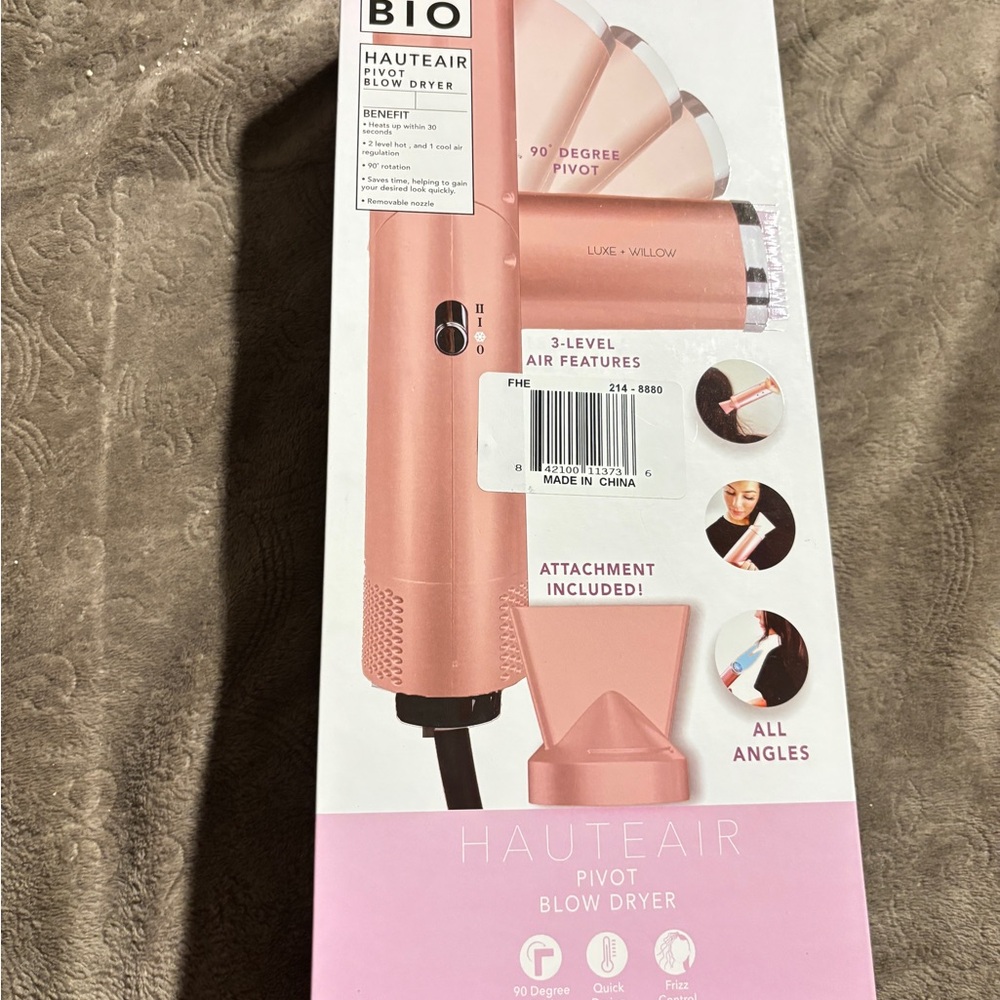 Luxe + Willow Hauteair Blow Dryer in Pink 90 degree Pivot 3 Level Air Features.